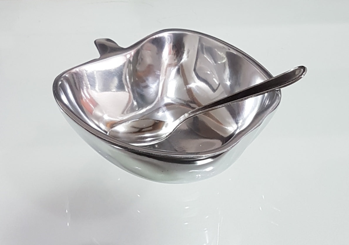 Honey Dish Apple Shape Polished Aluminum with Spoon