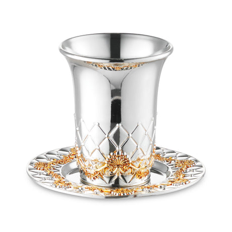 Kiddush Cup Set Silver Plated With Gold Flowers Cup 2x2x3", Plate 4.5" - LEHADAR