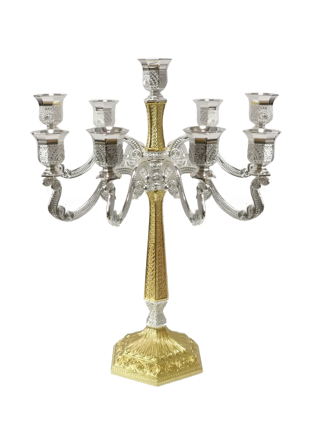 Silver & Gold Filigree Candelabra 9 Light 17" - LEHADAR
