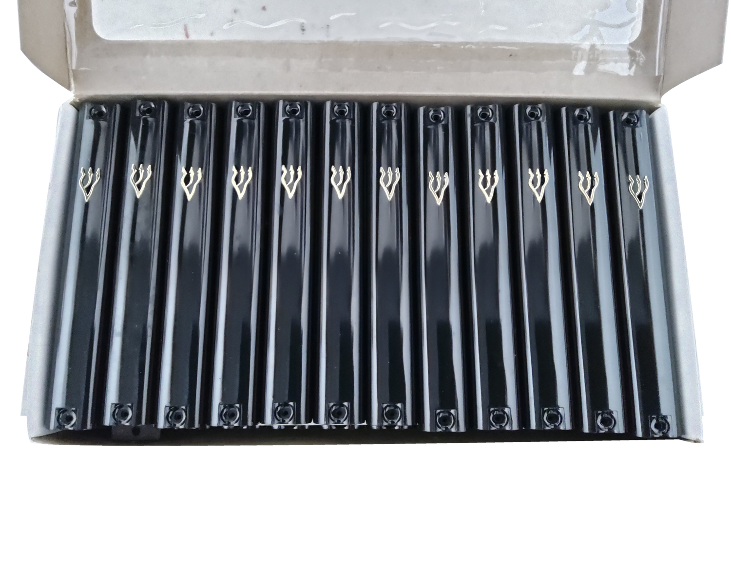 Case of 32 Black Plastic Mezuzah Covers-Gold 'Shin 10 Cm - LEHADAR