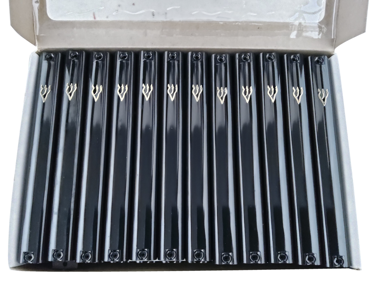 Case of 24 Black Plastic Mezuzah Covers-Gold 'Shin - LEHADAR