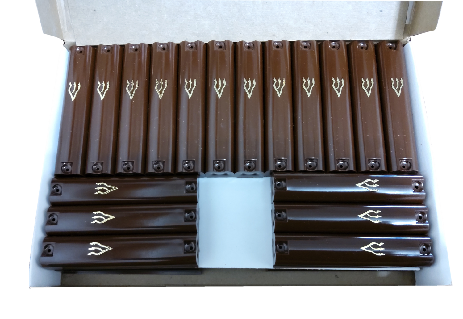 Case Of 36 Brown Plastic Mezuzah Covers-Gold 'Shin 7 Cm - LEHADAR