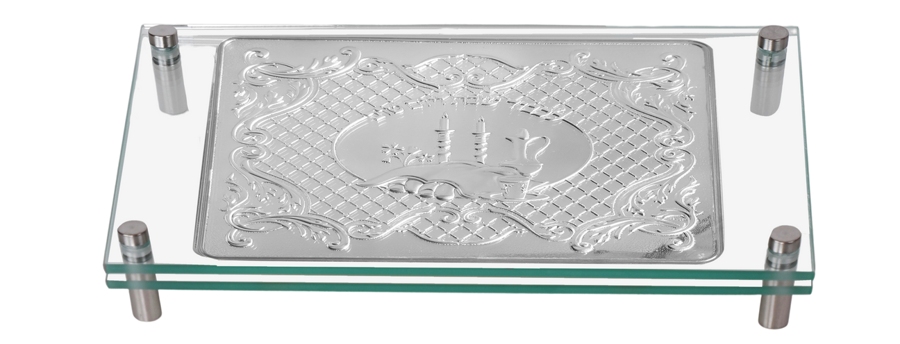 Silver Plated & Glass Challah Board - Silver Standoffs - LEHADAR