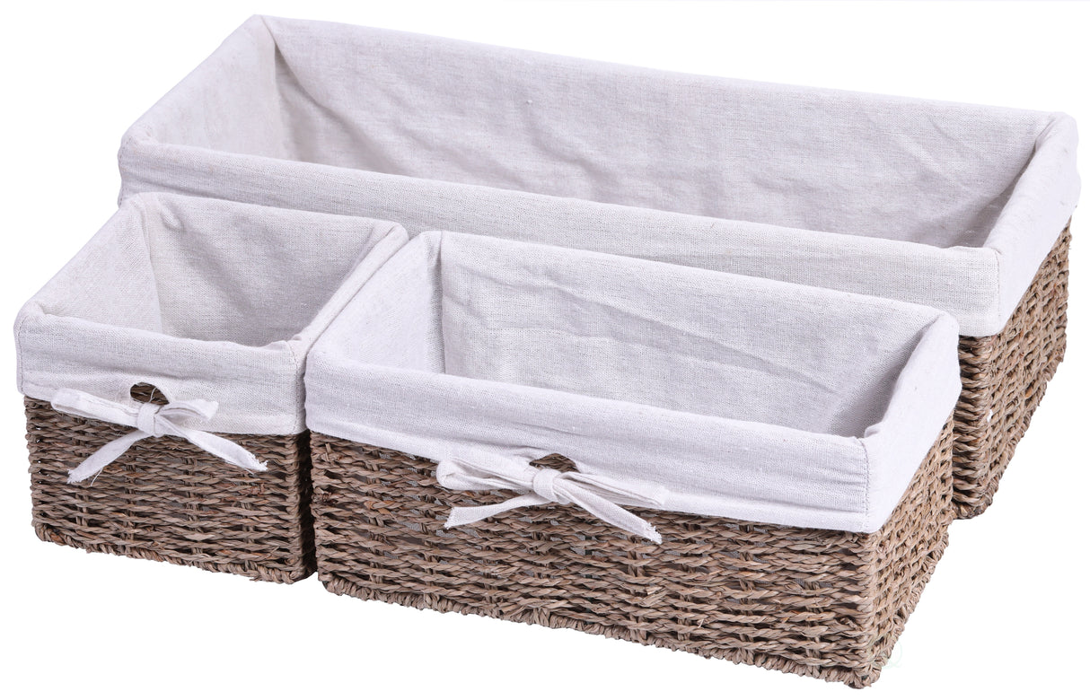 Seagrass Shelf Storage Baskets with Lining, Set of 3 - LEHADAR