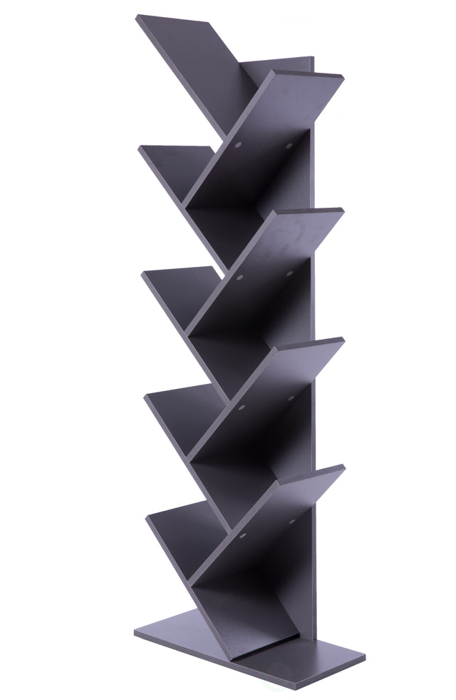 Wooden 9-Shelf Tree Magazine CD Storage Bookcase, Gray - LEHADAR