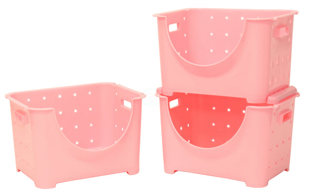 Stackable Plastic Storage Container, Set of 3 Pink - LEHADAR
