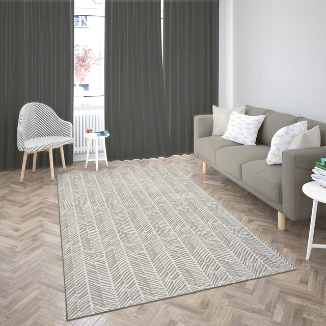 Deerlux Modern Living Room Area Rug with Nonslip Backing, Abstract Beige Chevron Strokes Pattern, 8 x 10 ft Large - LEHADAR