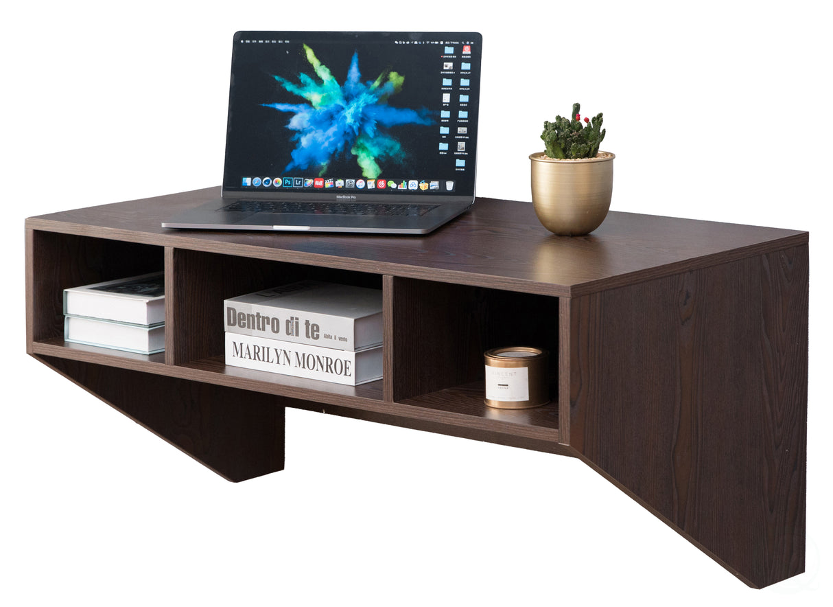 Wall Mounted Office Computer Desk with Three Compartments, Brown - LEHADAR