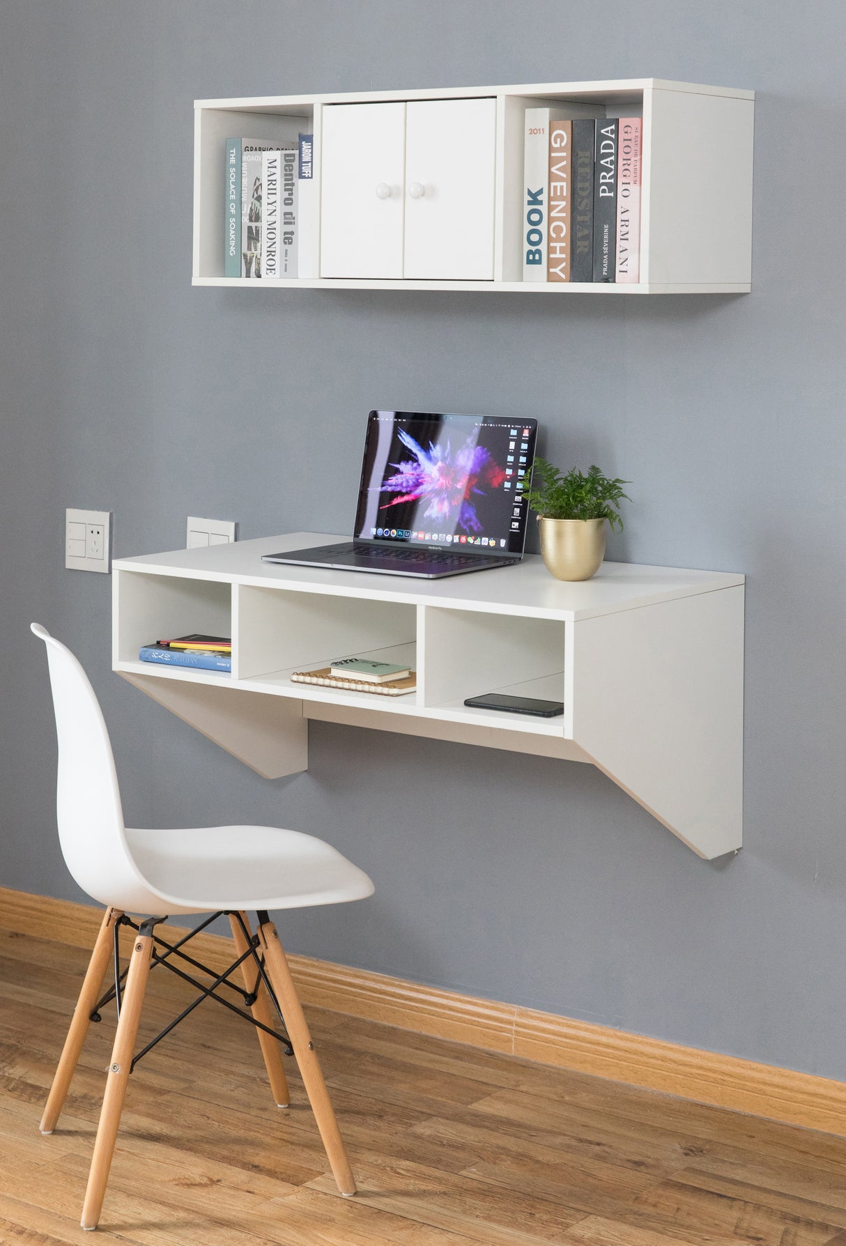 Wall Mounted Office Computer Desk and Floating Hutch Cabinet, White - LEHADAR