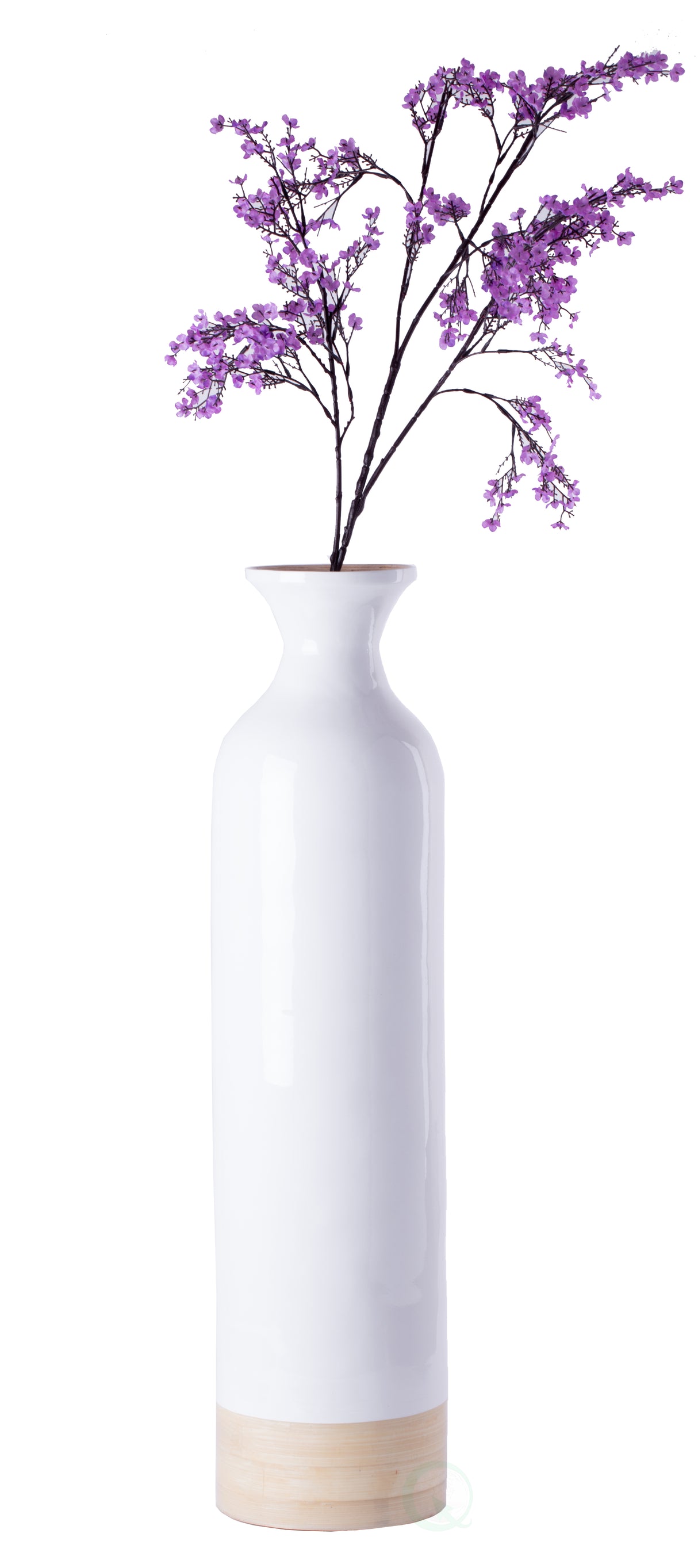 Elegant White Cylinder Shaped Tall Spun Bamboo Floor Vases, Embellished with a Glossy Lacquer and Enhanced with Natural Bamboo Finish - Stylish Home Decor, Heights of 31 Inches - LEHADAR