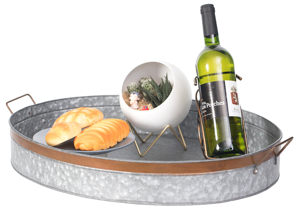 Galvanized Metal Oval Rustic Serving Tray With Handles, Large - LEHADAR