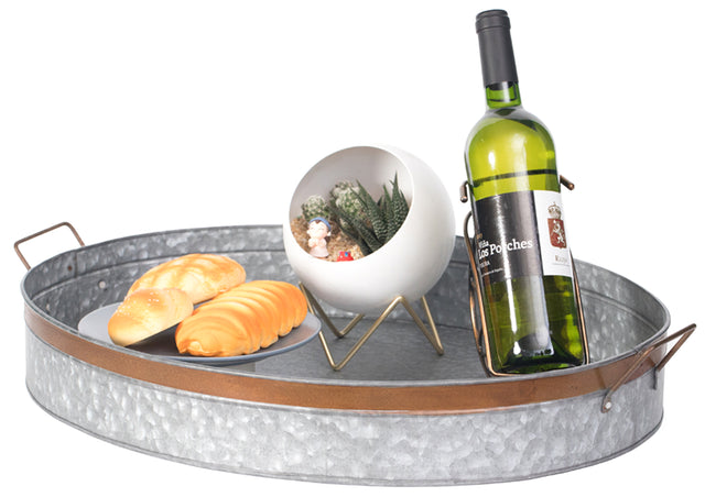 Galvanized Metal Oval Rustic Serving Tray With Handles, Large - LEHADAR