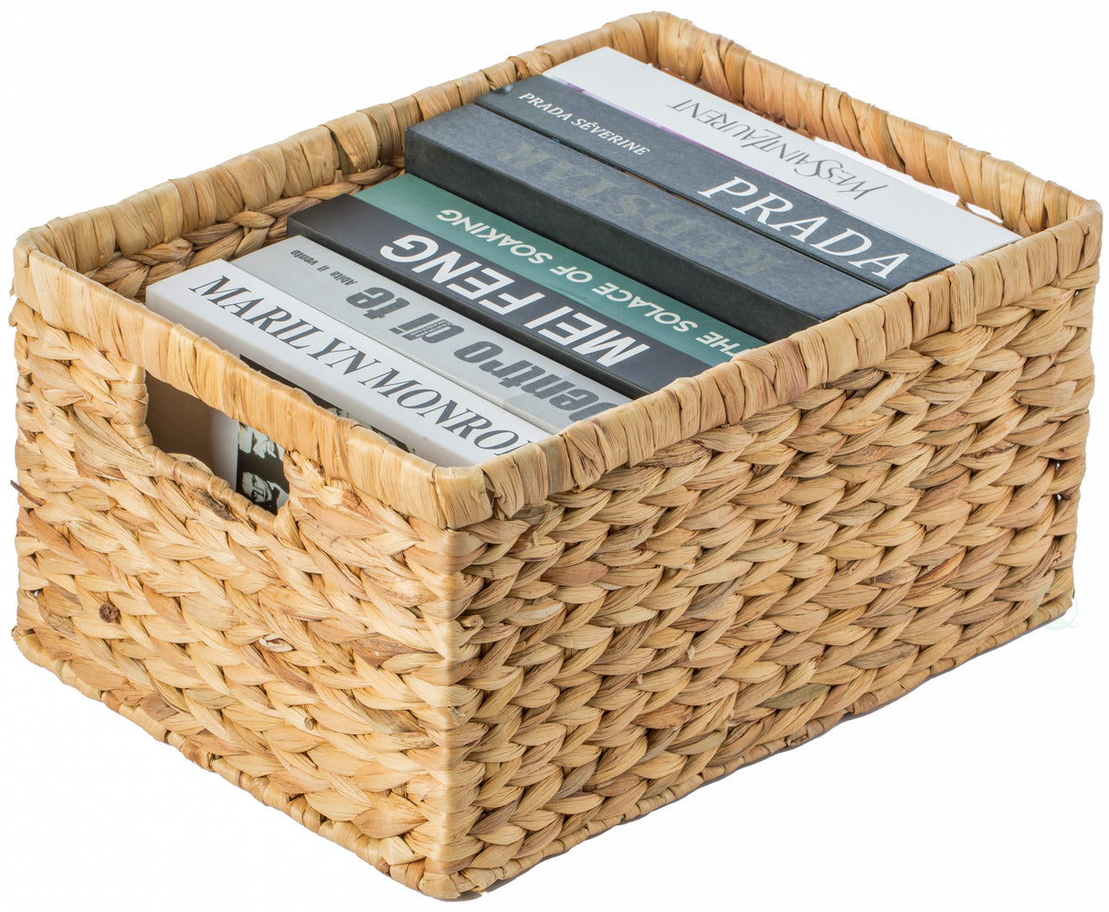 Natural Woven Water Hyacinth Wicker Rectangular Storage Bin Basket with Handles, Large - LEHADAR