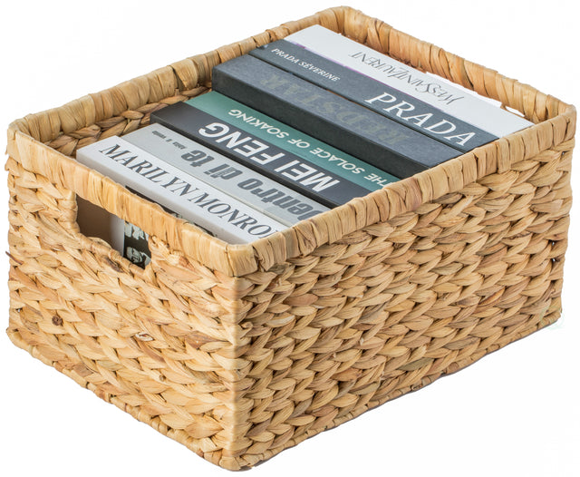 Natural Woven Water Hyacinth Wicker Rectangular Storage Bin Basket with Handles, Large - LEHADAR