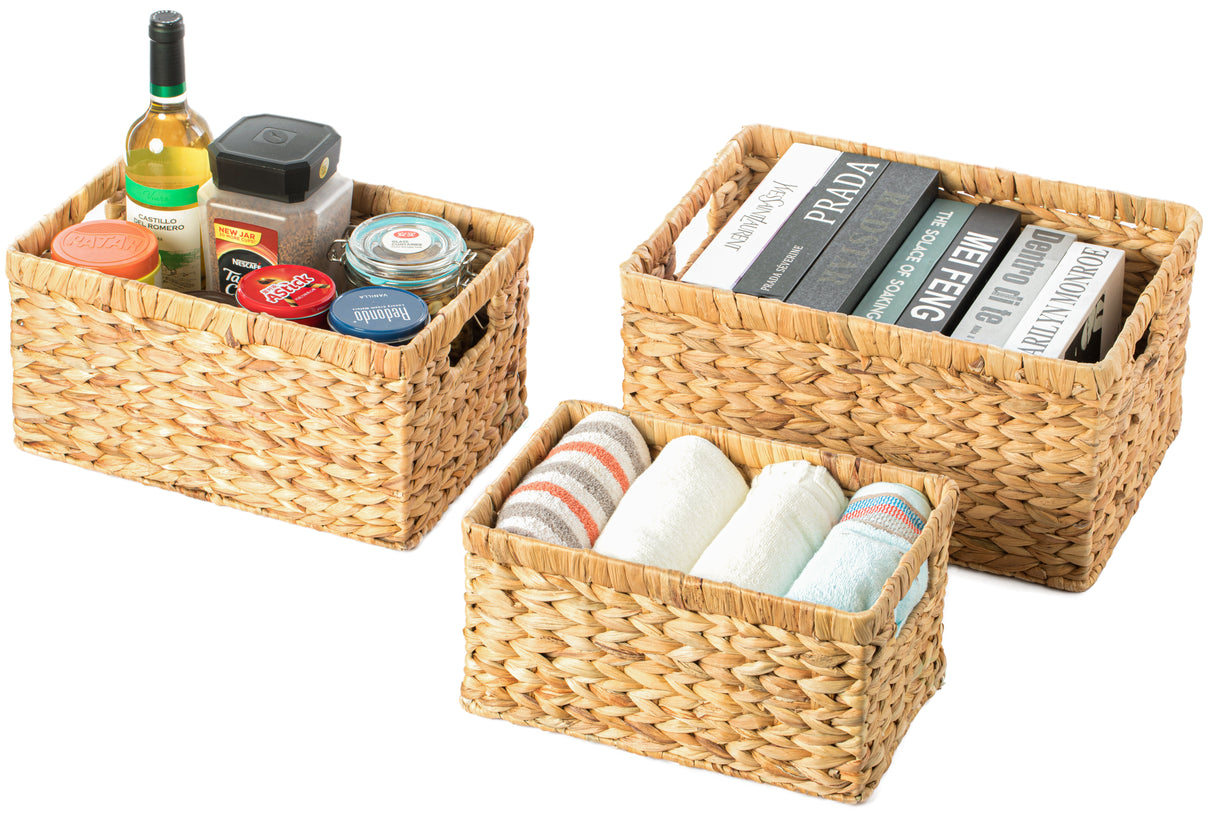 Natural Woven Water Hyacinth Wicker Rectangular Storage Bin Basket with Handles, Set of 3 - LEHADAR
