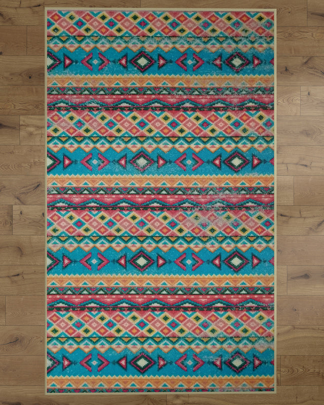 Deerlux Boho Living Room Area Rug with Nonslip Backing, Turquoise Aztec Pattern, 3 x 5 ft Extra Small - LEHADAR