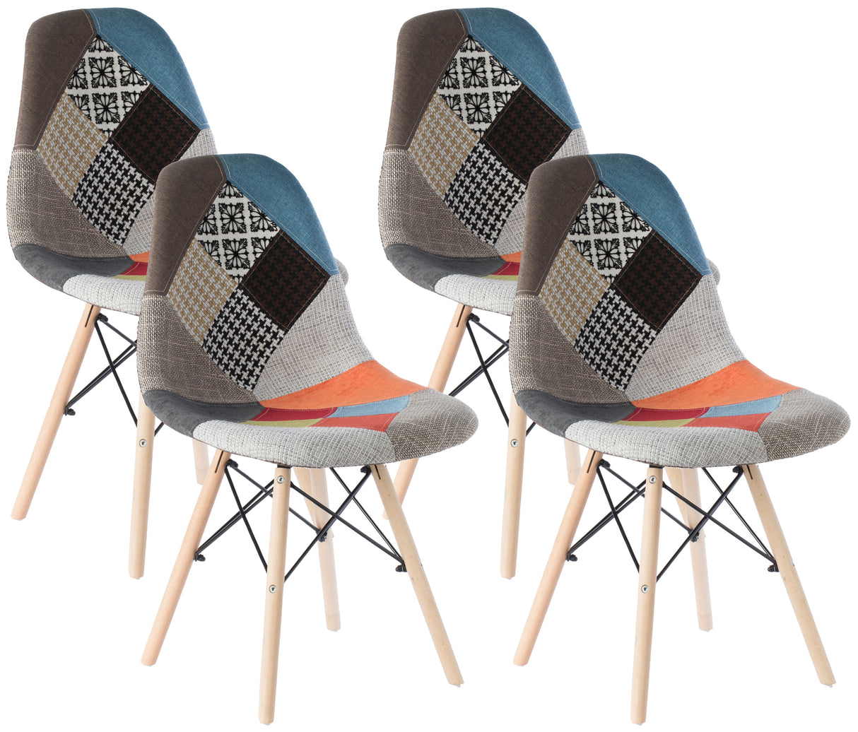 Mid-Century Modern Upholstered Plastic Multicolor Fabric Patchwork DSW Shell Dining Chair with Wooden Dowel Eiffel Legs, Set of 4 - LEHADAR
