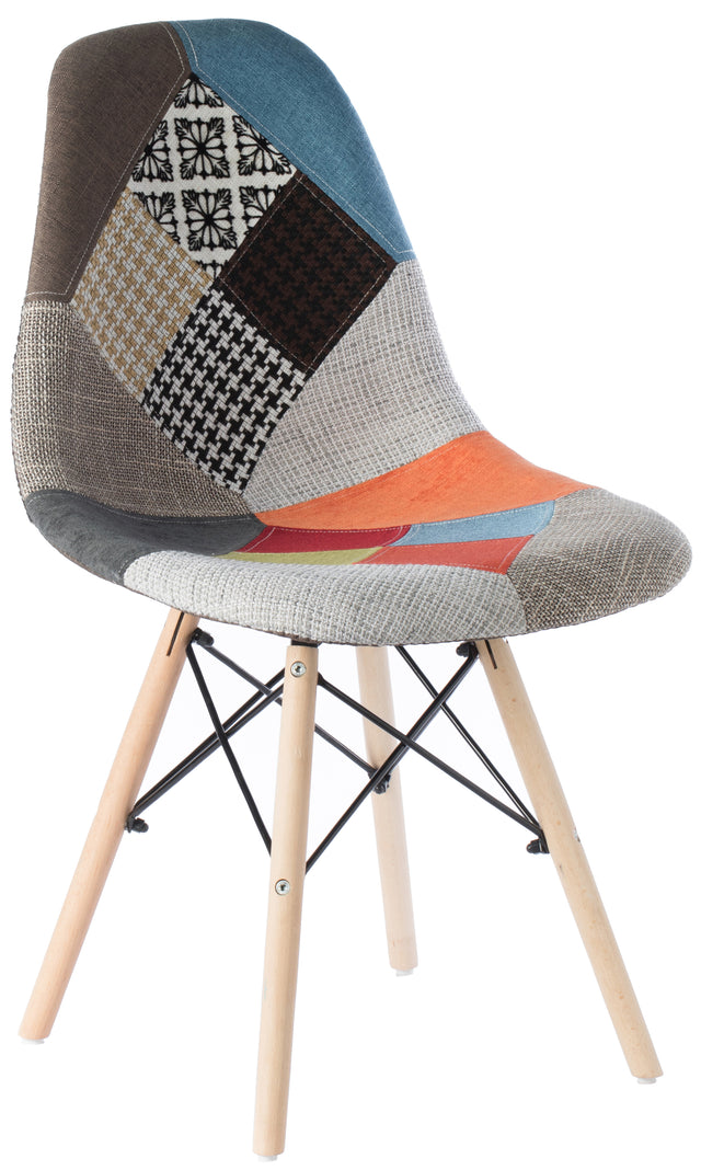 Mid-Century Modern Upholstered Plastic Multicolor Fabric Patchwork DSW Shell Dining Chair with Wooden Dowel Eiffel Legs - LEHADAR