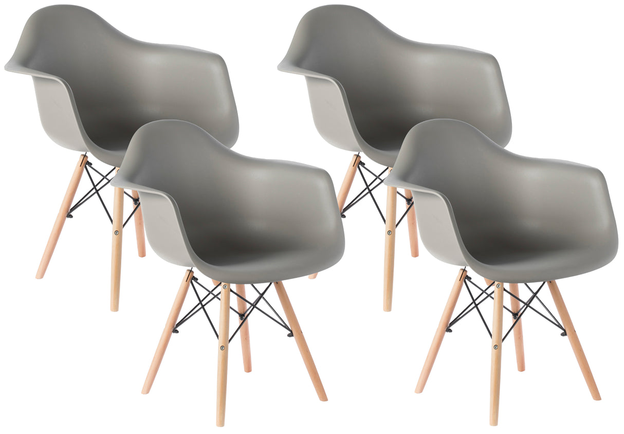 Mid-Century Modern Style Plastic DAW Shell Dining Arm Chair with Wooden Dowel Eiffel Legs, Set of 4 Gray - LEHADAR