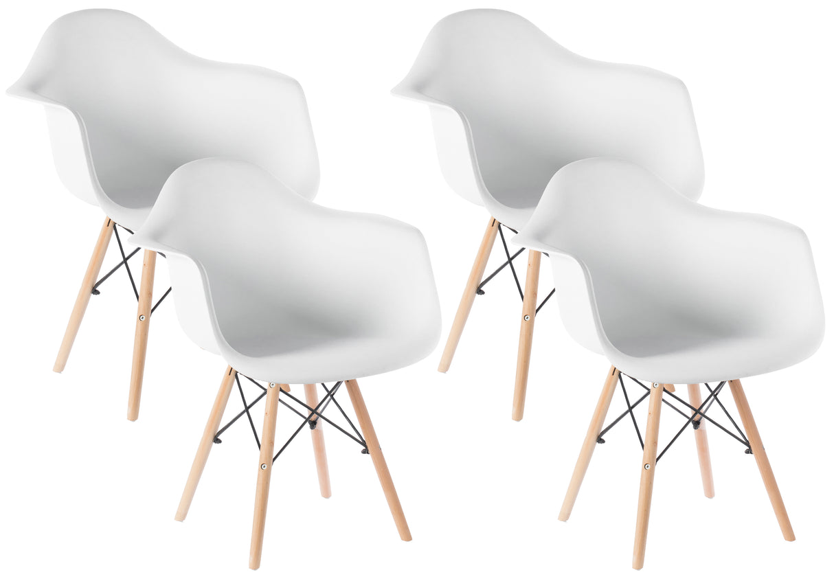 Mid-Century Modern Style Plastic DAW Shell Dining Arm Chair with Wooden Dowel Eiffel Legs, Set of 4 White - LEHADAR