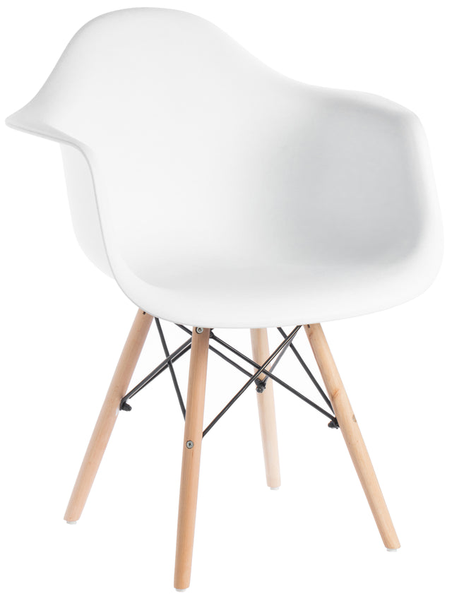 Mid-Century Modern Style Plastic DAW Shell Dining Arm Chair with Wooden Dowel Eiffel Legs, White - LEHADAR