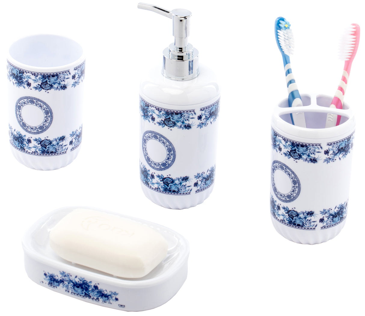 4 Piece Bathroom Accessory Set - Includes Soap Dispenser, Toothbrush Holder, Tumbler, and Soap Dish, White - LEHADAR