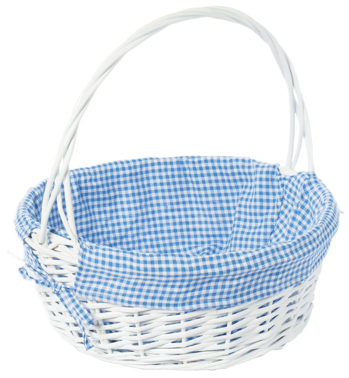 White Round Willow Gift Basket, with Blue Gingham Liner and Handle - Large - LEHADAR