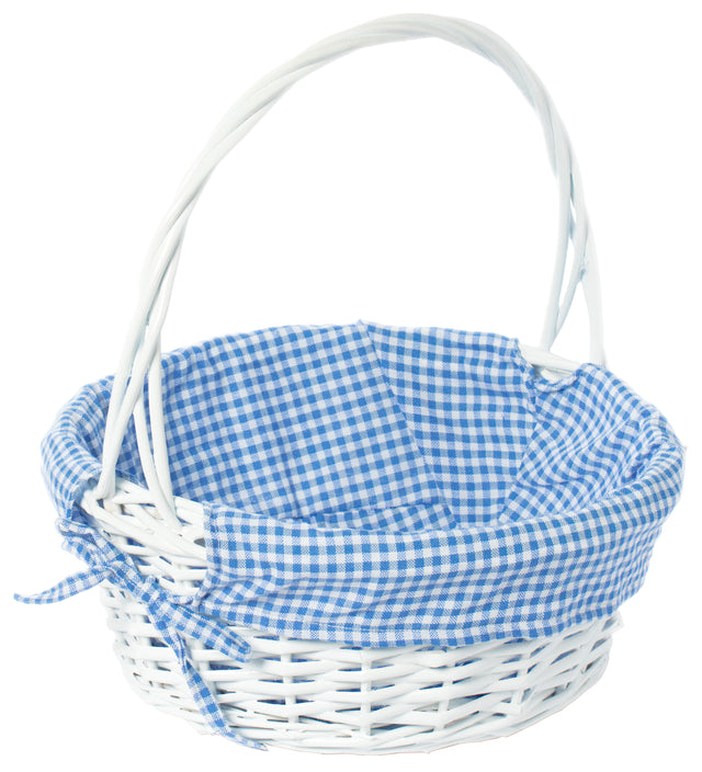 White Round Willow Gift Basket, with Blue Gingham Liner and Handle- Medium - LEHADAR