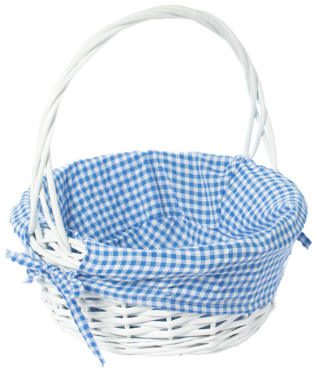 White Round Willow Gift Basket, with Blue Gingham Liner and Handle - Small - LEHADAR