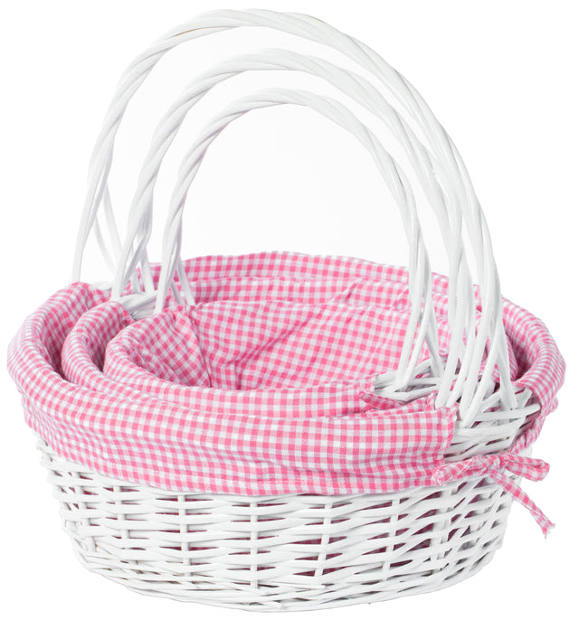 White Round Willow Gift Basket, with Pink and White Gingham Liner and Handles, Set of 3 - LEHADAR