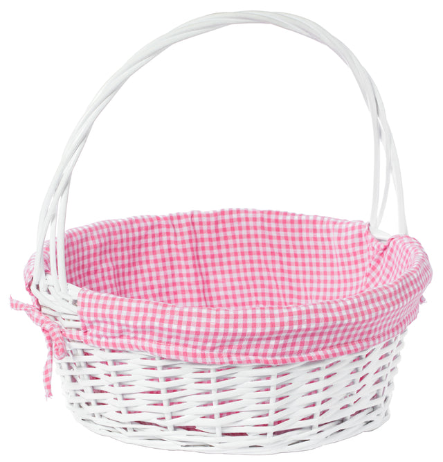 White Round Willow Gift Basket, with Pink Gingham Liner and Handle - Large - LEHADAR