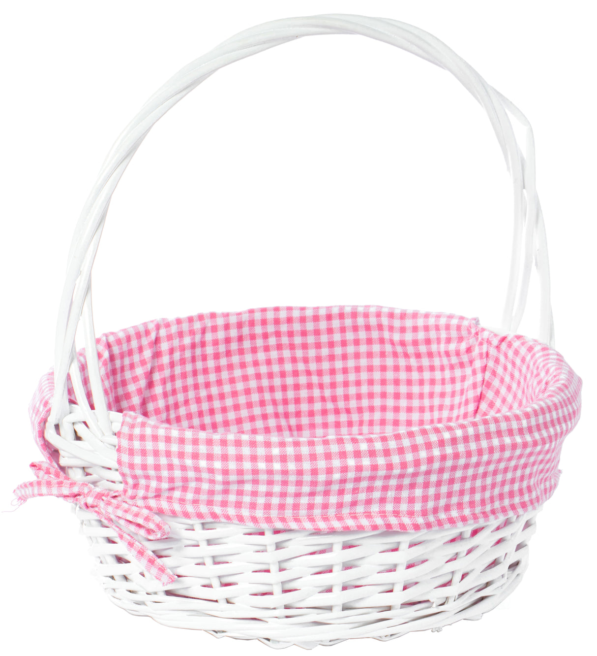 White Round Willow Gift Basket, with Pink Gingham Liner and Handle - Medium - LEHADAR