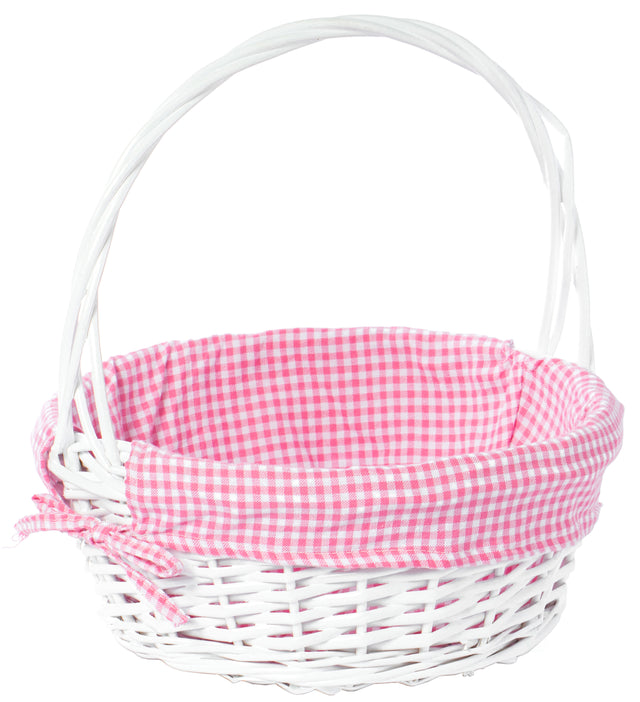 White Round Willow Gift Basket, with Pink Gingham Liner and Handle - Medium - LEHADAR