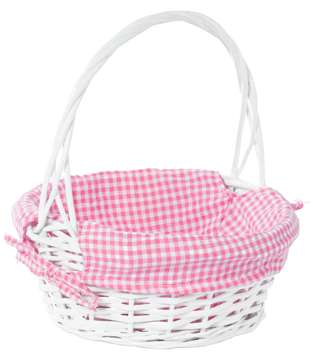 White Round Willow Gift Basket, with Pink Gingham Liner and Handle- Small - LEHADAR