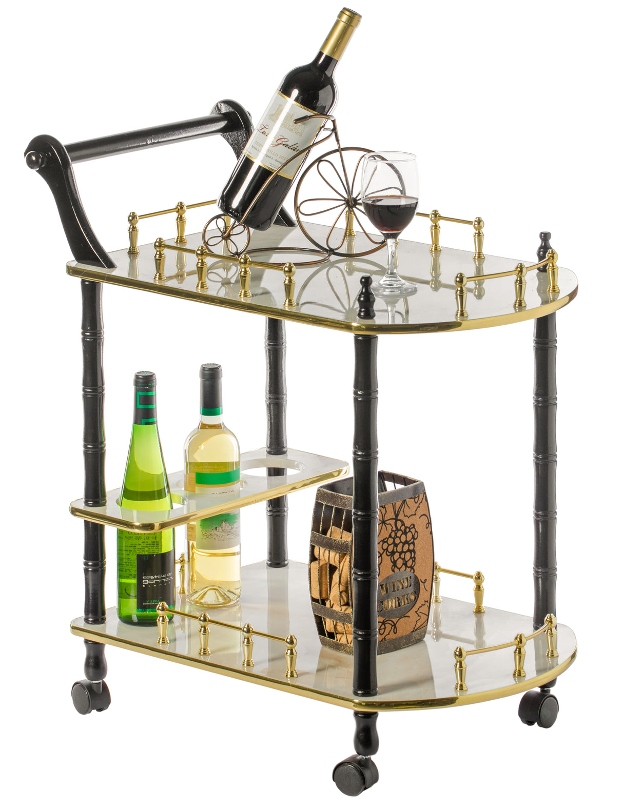 Serving Bar Cart Tea Trolley, 2 Tier Shelves on Rolling Wheels, Mobile Liquor Bar for Wine Beverage Drink Dinner Party, Utility Kitchen Storage Island Coffee Cabinet for Dining Living Room, Wood, White - LEHADAR