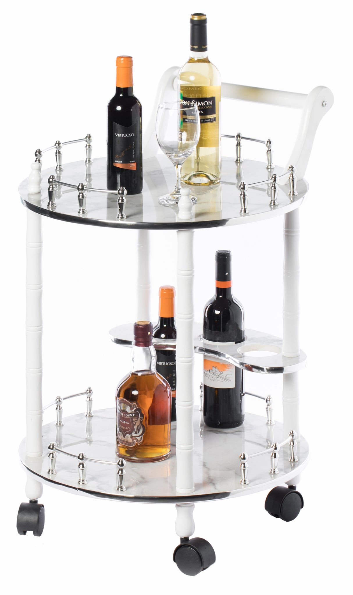 Round Wood Serving Bar Cart Tea Trolley with 2 Tier Shelves and Rolling Wheels, Silver, White and Gray - LEHADAR