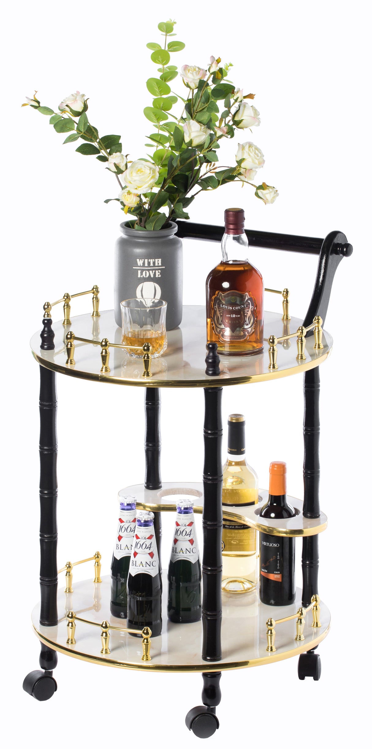 Round Wood Serving Bar Cart Tea Trolley with 2 Tier Shelves and Rolling Wheels, Gold, Black and White - LEHADAR