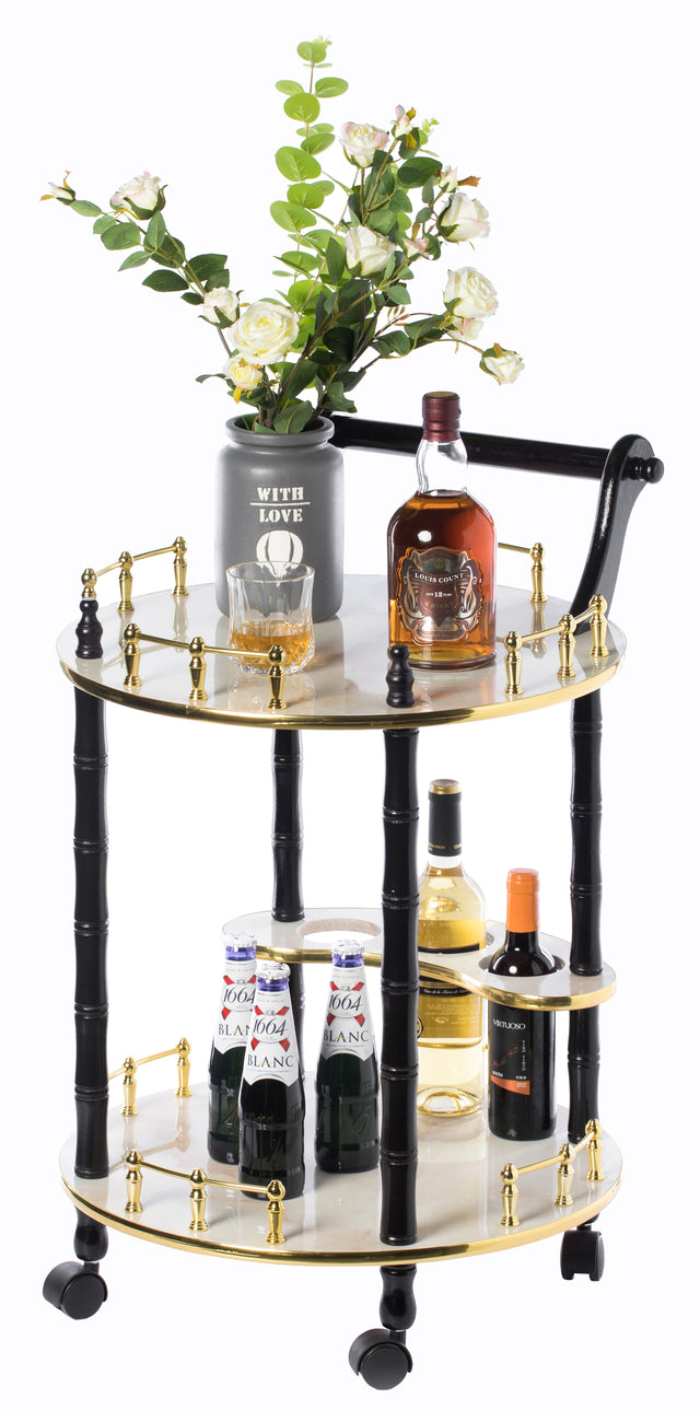 Round Wood Serving Bar Cart Tea Trolley with 2 Tier Shelves and Rolling Wheels, Gold, Black and White - LEHADAR