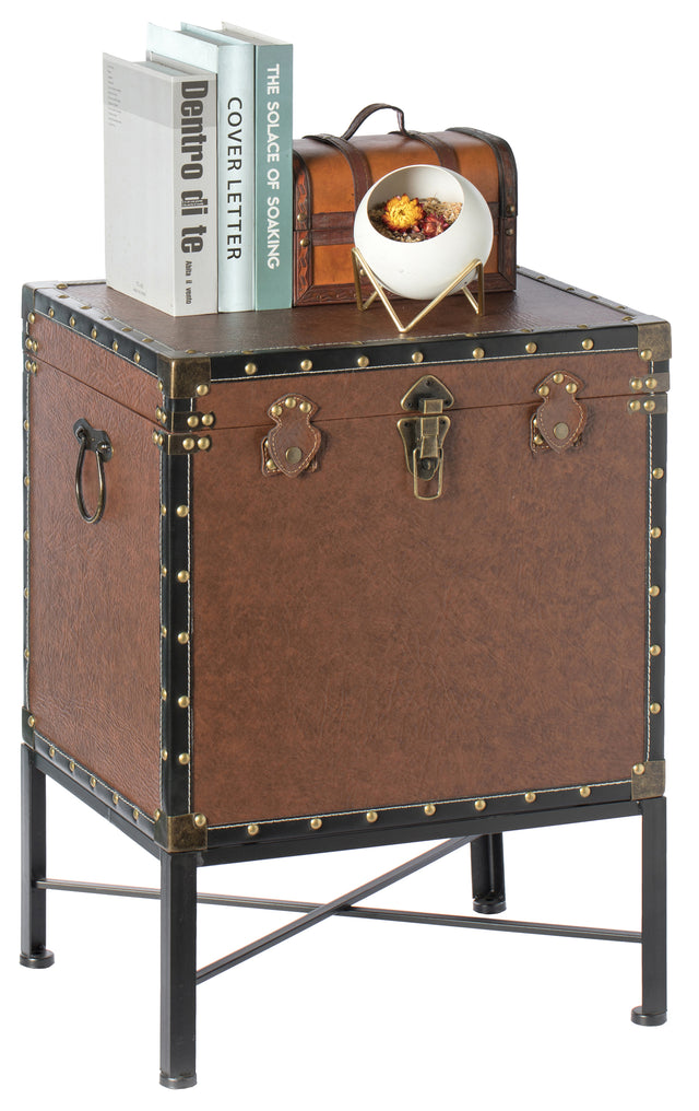 Brown and Black Trimmed Faux Leather Lockable Square Lined Storage Trunk, End Table on Metal Stand - LEHADAR