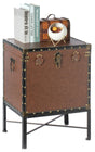 Brown and Black Trimmed Faux Leather Lockable Square Lined Storage Trunk, End Table on Metal Stand - LEHADAR