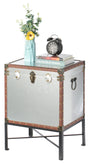 Silver and Brown Trimmed Faux Leather Lockable Square Lined Storage Trunk, End Table on Metal Stand - LEHADAR