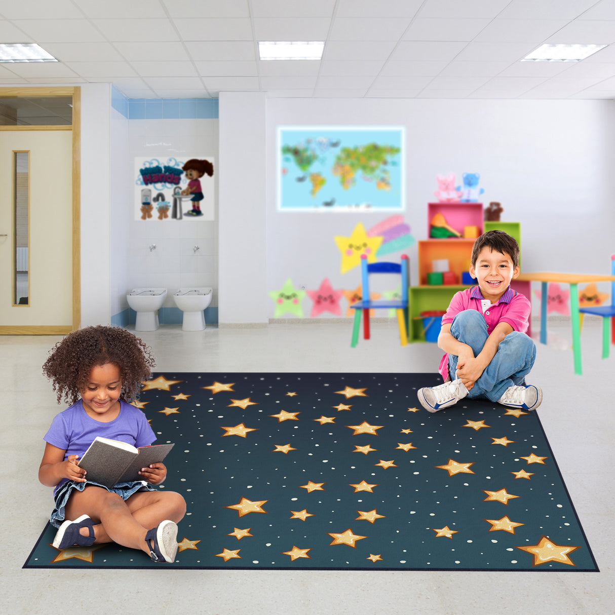 Deerlux 6 ft. Social Distancing Colorful Kids Classroom Seating Area Rug, Starry Sky Design, 8 x 8 ft Large - LEHADAR