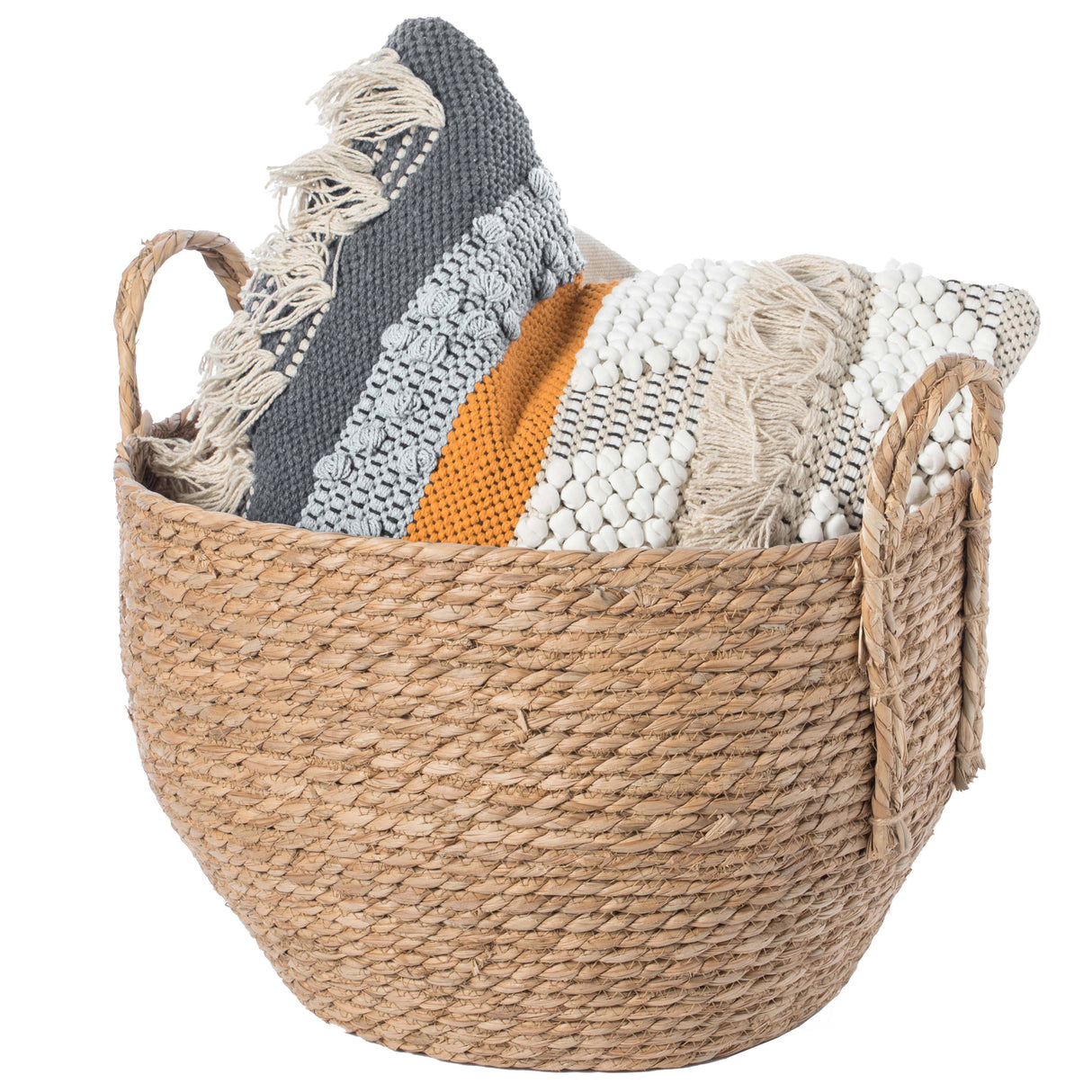 Decorative Round Wicker Woven Rope Storage Blanket Basket with Braided Handles - Large - LEHADAR