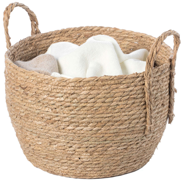 Decorative Round Wicker Woven Rope Storage Blanket Basket with Braided Handles - Medium - LEHADAR