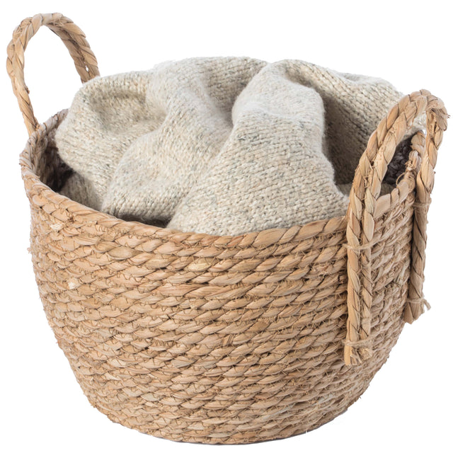 Decorative Round Wicker Woven Rope Storage Blanket Basket with Braided Handles - Small - LEHADAR