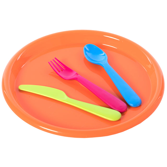 Reusable Cutlery Set of 4 (1 of Green, Pink, Blue, Orange) Plastic Plates, Spoons, Forks and Knives for Baby and Toddlers - LEHADAR