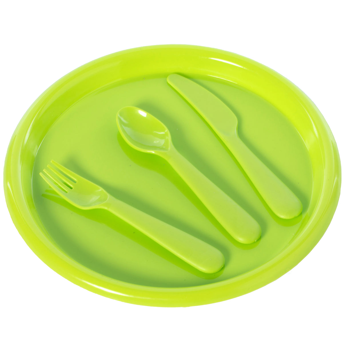 Reusable Cutlery Set of 4 Plastic Plates, Spoons, Forks and Knives for Baby and Toddlers, Green - LEHADAR