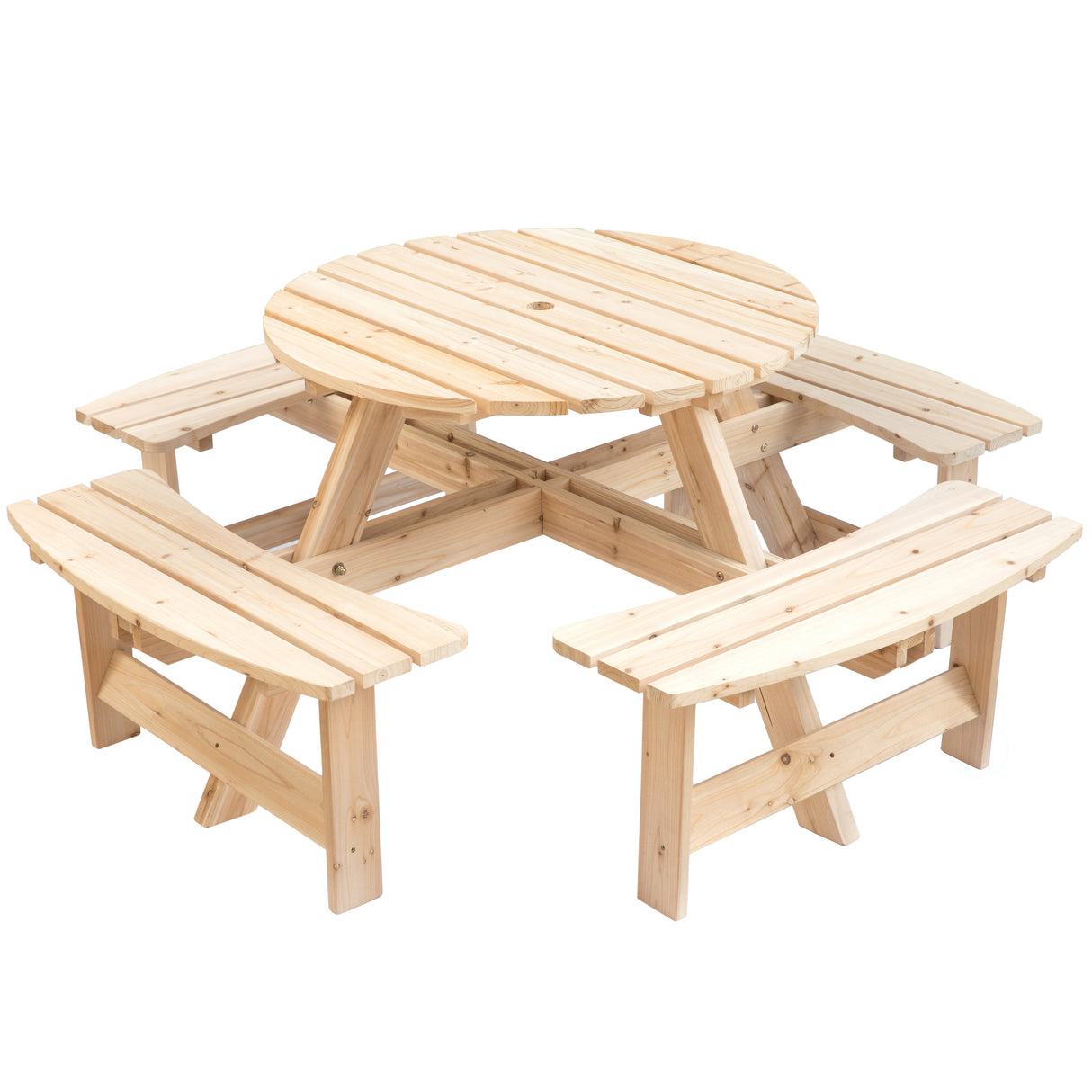 Wooden Outdoor Patio Garden Round Picnic Table with Bench, 8 Person- Natural - LEHADAR