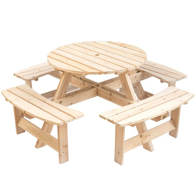 Wooden Outdoor Patio Garden Round Picnic Table with Bench, 8 Person- Natural - LEHADAR