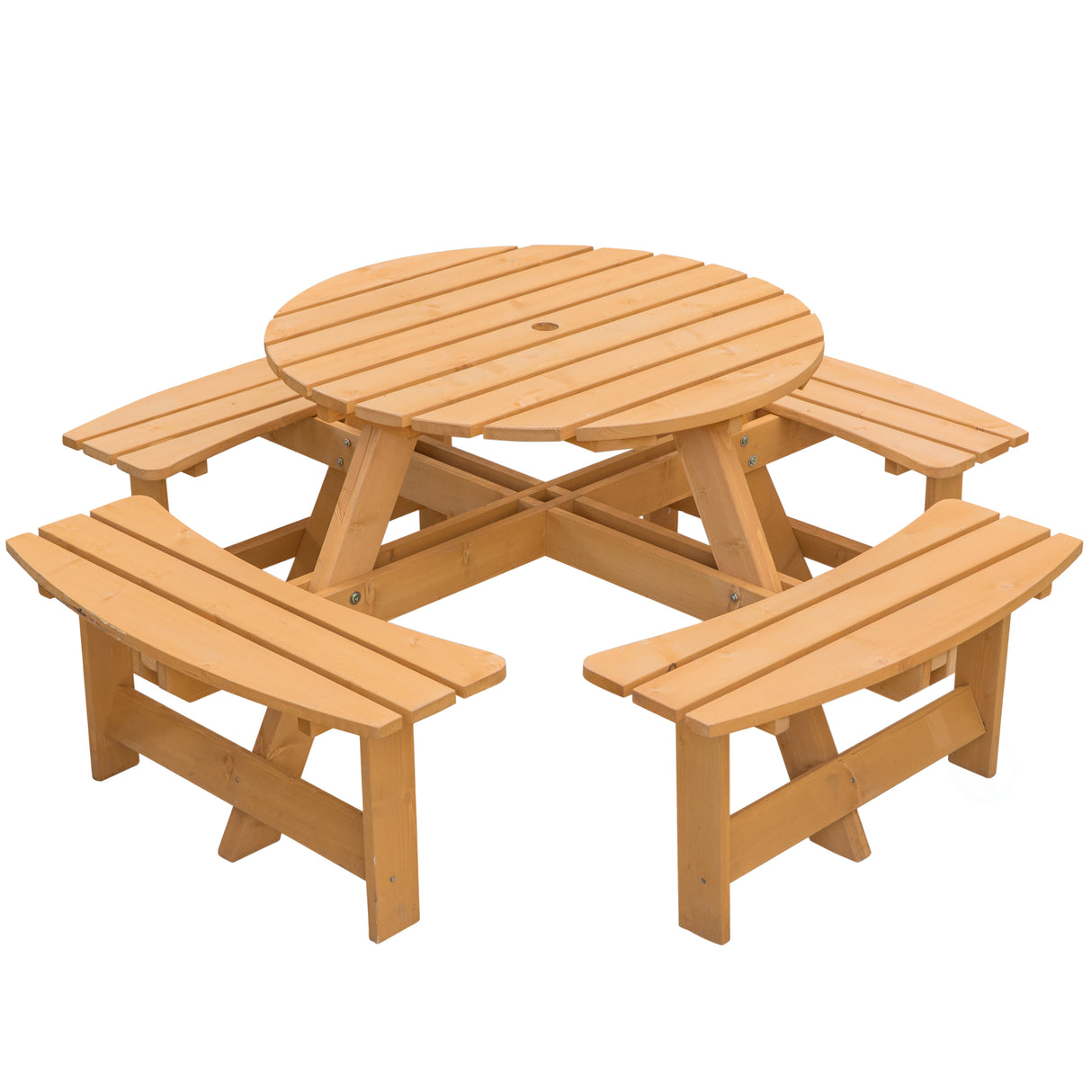Wooden Outdoor Patio Garden Round Picnic Table with Bench, 8 Person - Stained - LEHADAR